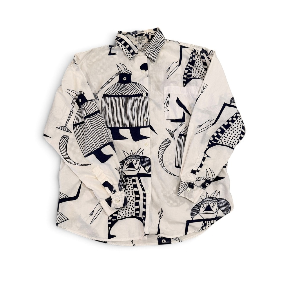Vintage Button Down Shirt Abstract Tribal Novelty Print Navy White Art to Wear
